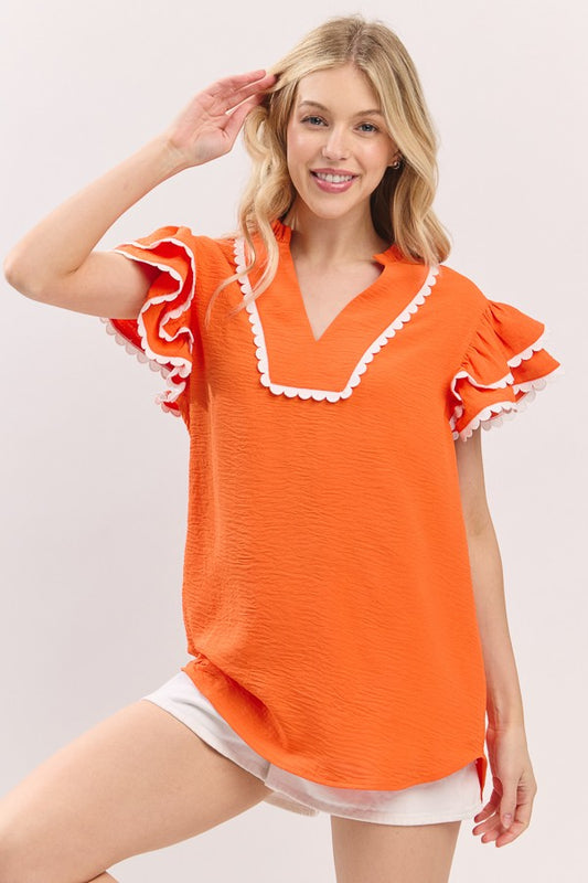 Orange Game Day Ruffle Sleeve Scallop Trim Top