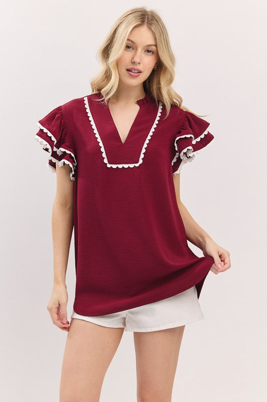 Burgundy and White Game Day Ruffle Sleeve Scallop Trim Top