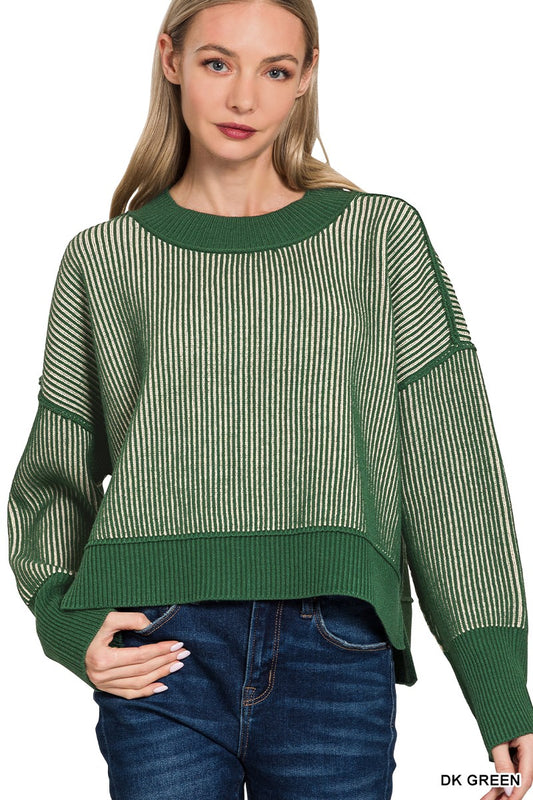 Dark Green Exposed Seam Two-Tone Sweater