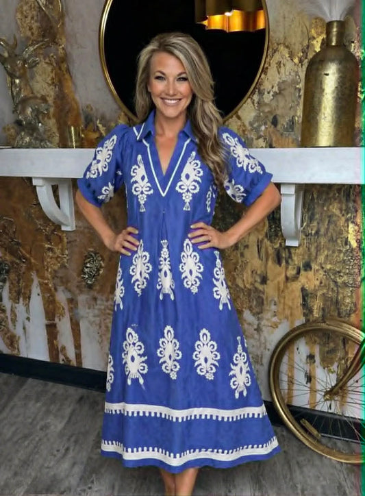 Cobalt Two Tone Border Print Midi Dress