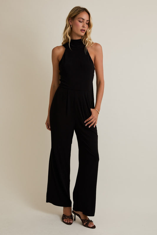 Black Mock Neck Sleeveless Wide Leg Jumpsuit