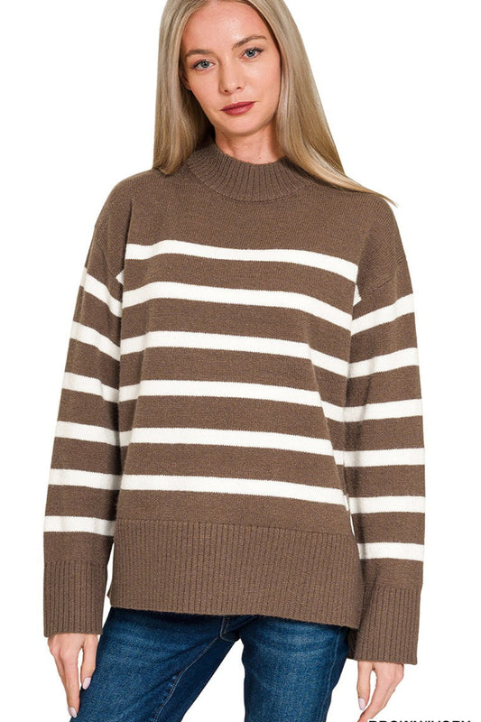 Brown & Ivory Striped Mock Neck Sweater