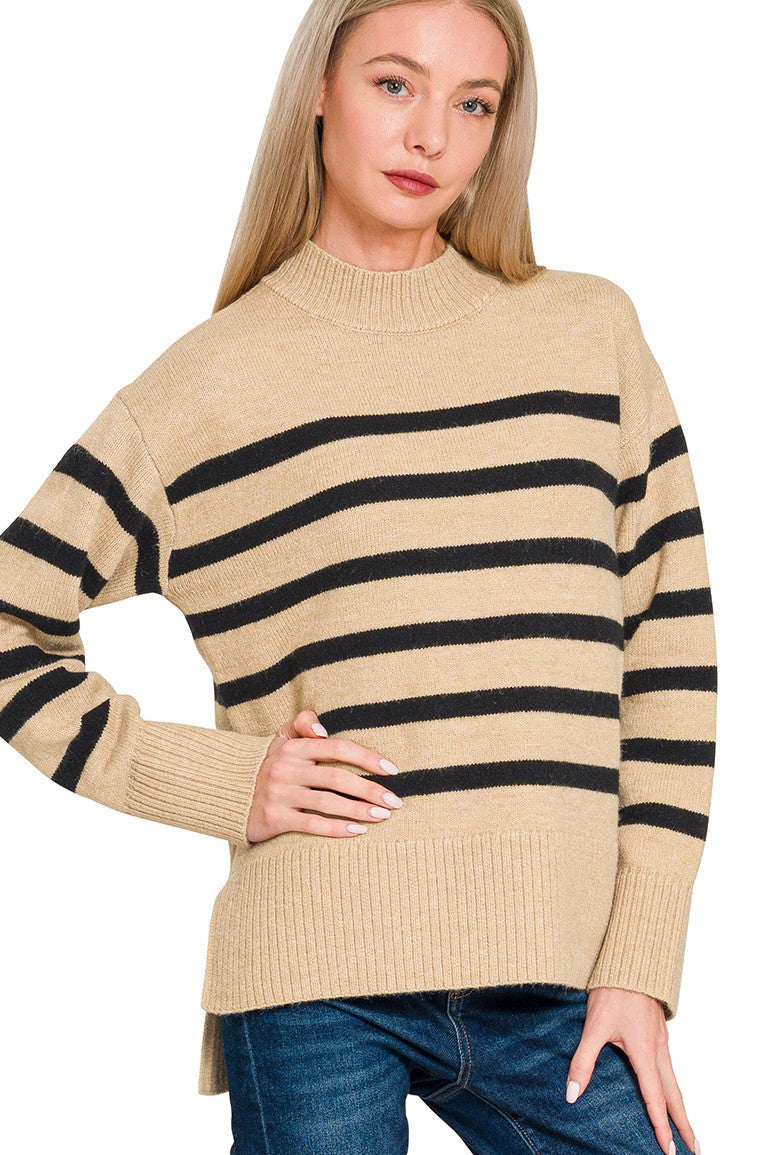 Beige & Black Striped Mock Neck Sweater