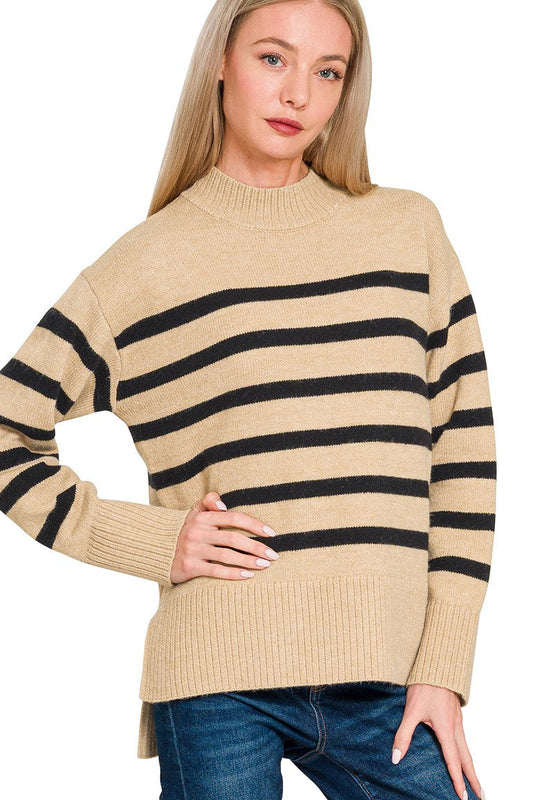 Beige & Black Striped Mock Neck Sweater