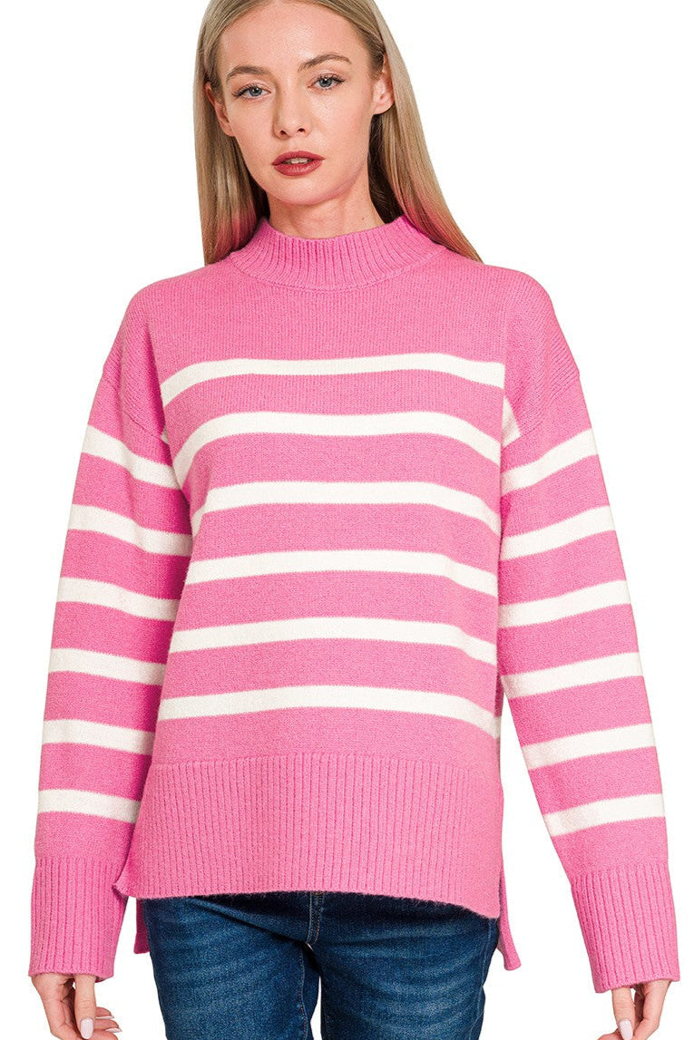 Candy Pink & Ivory Striped Mock Neck Sweater