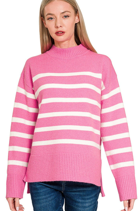 Candy Pink & Ivory Striped Mock Neck Sweater