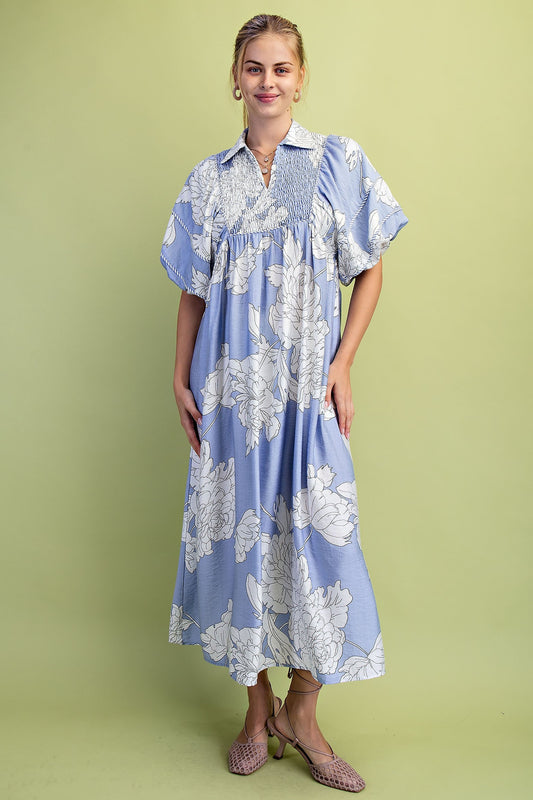 Misty Blue Mix Floral Print Short Puff Sleeve Midi Dress