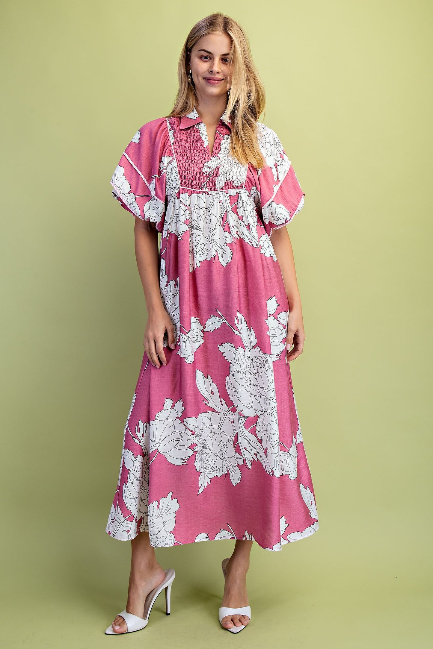 Mauve Mix Floral Print Short Puff Sleeve Midi Dress