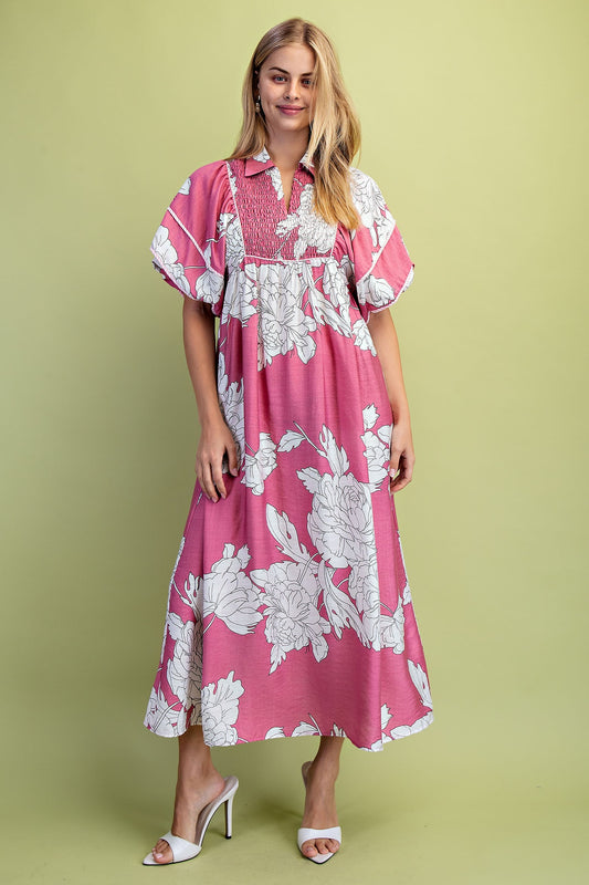 Mauve Mix Floral Print Short Puff Sleeve Midi Dress