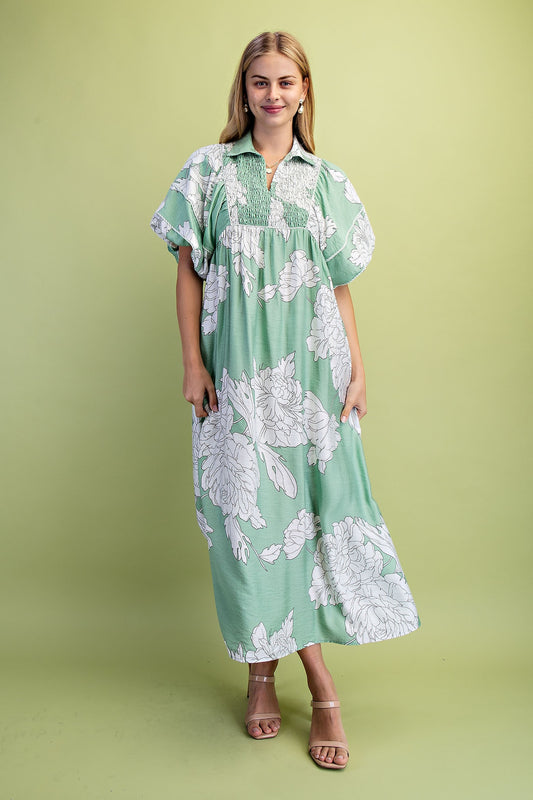 Sage Mix Floral Print Short Puff Sleeve Midi Dress