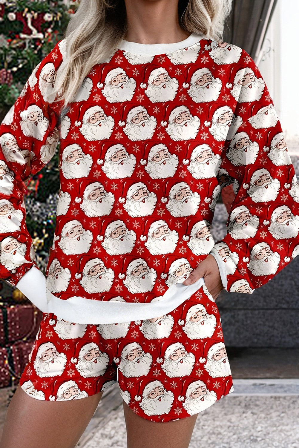 Red Christmas Fashion Print Lounge Short Set
