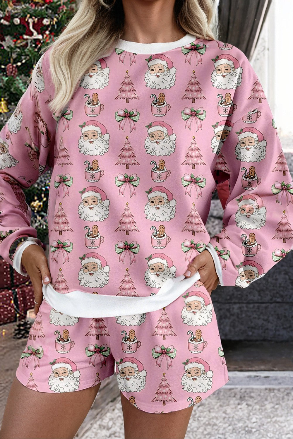 Pink Christmas Fashion Print Lounge Short Set