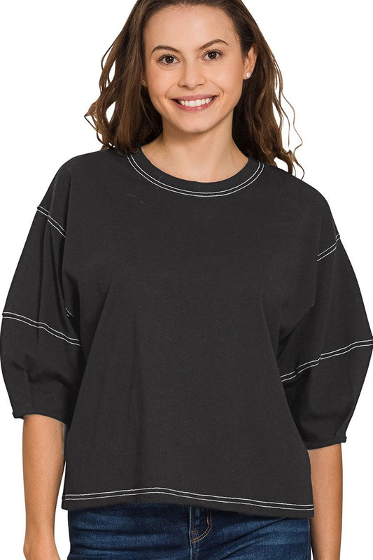 Black 3/4 Balloon Sleeve Top