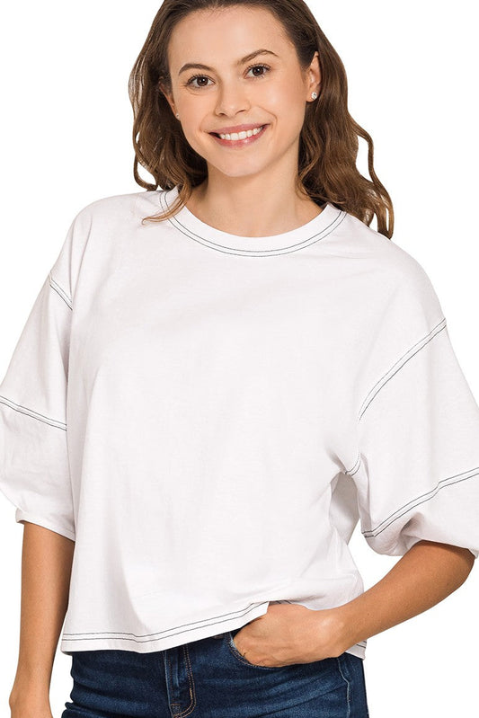 White 3/4 Balloon Sleeve Top