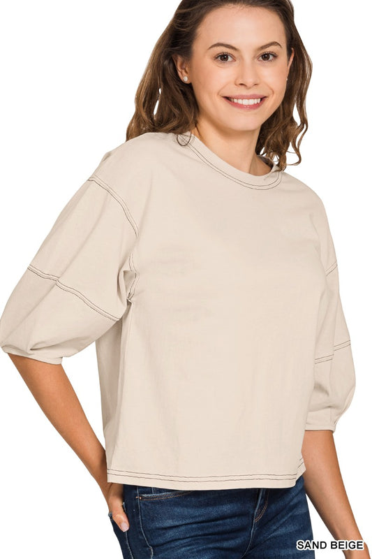 Sand Beige 3/4 Balloon Sleeve Top