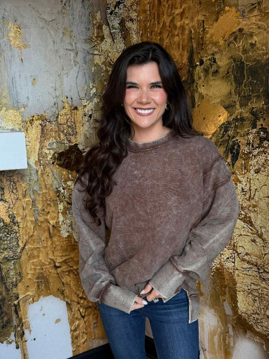 Brown Acid Washed Double Ribbed Exposed-seam Pullover