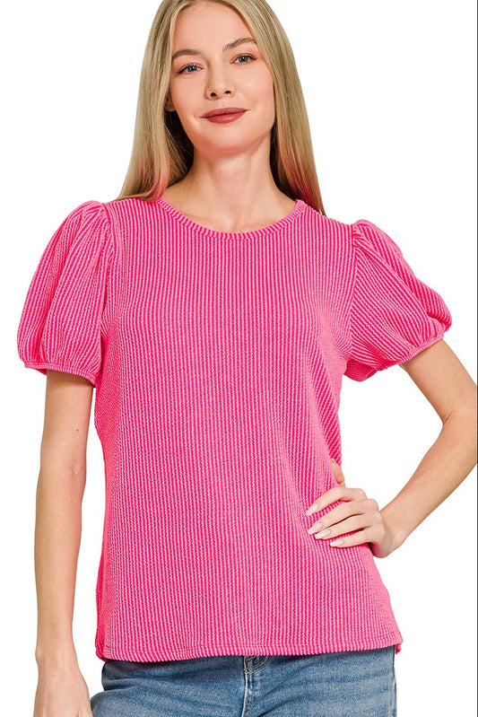 Hot Pink Ribbed Puff Sleeve Top