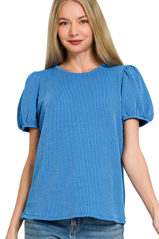 Ocean Blue Ribbed Puff Sleeve Top