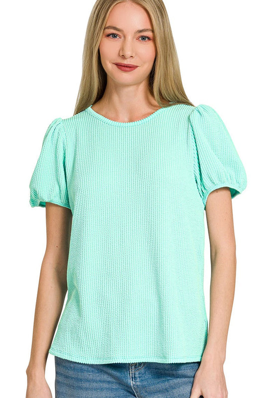 Mint Ribbed Puff Sleeve Top