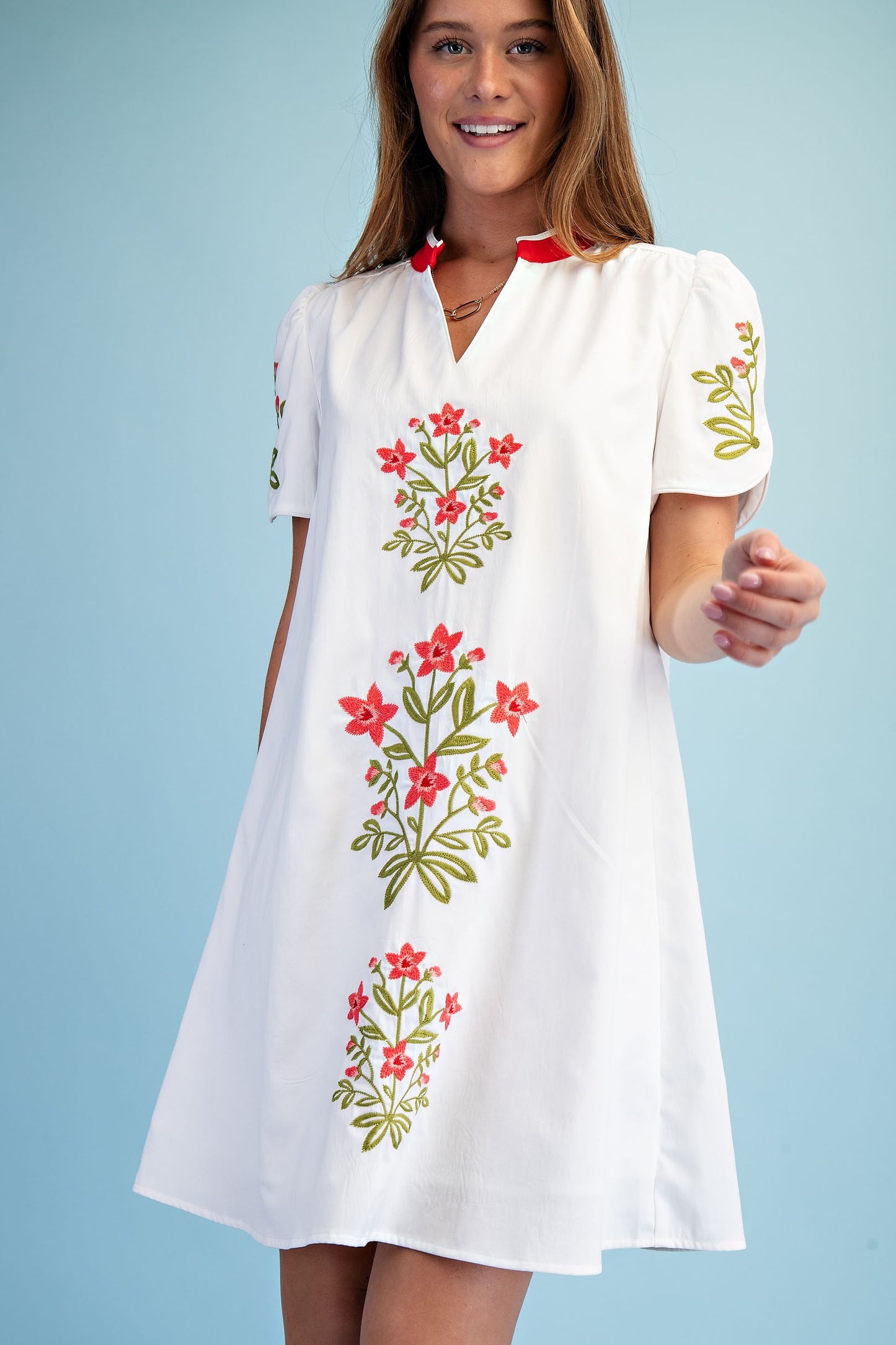 White Floral Embroidered V-neck Dress