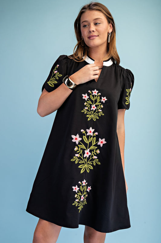 Black Floral Embroidered V-neck Dress