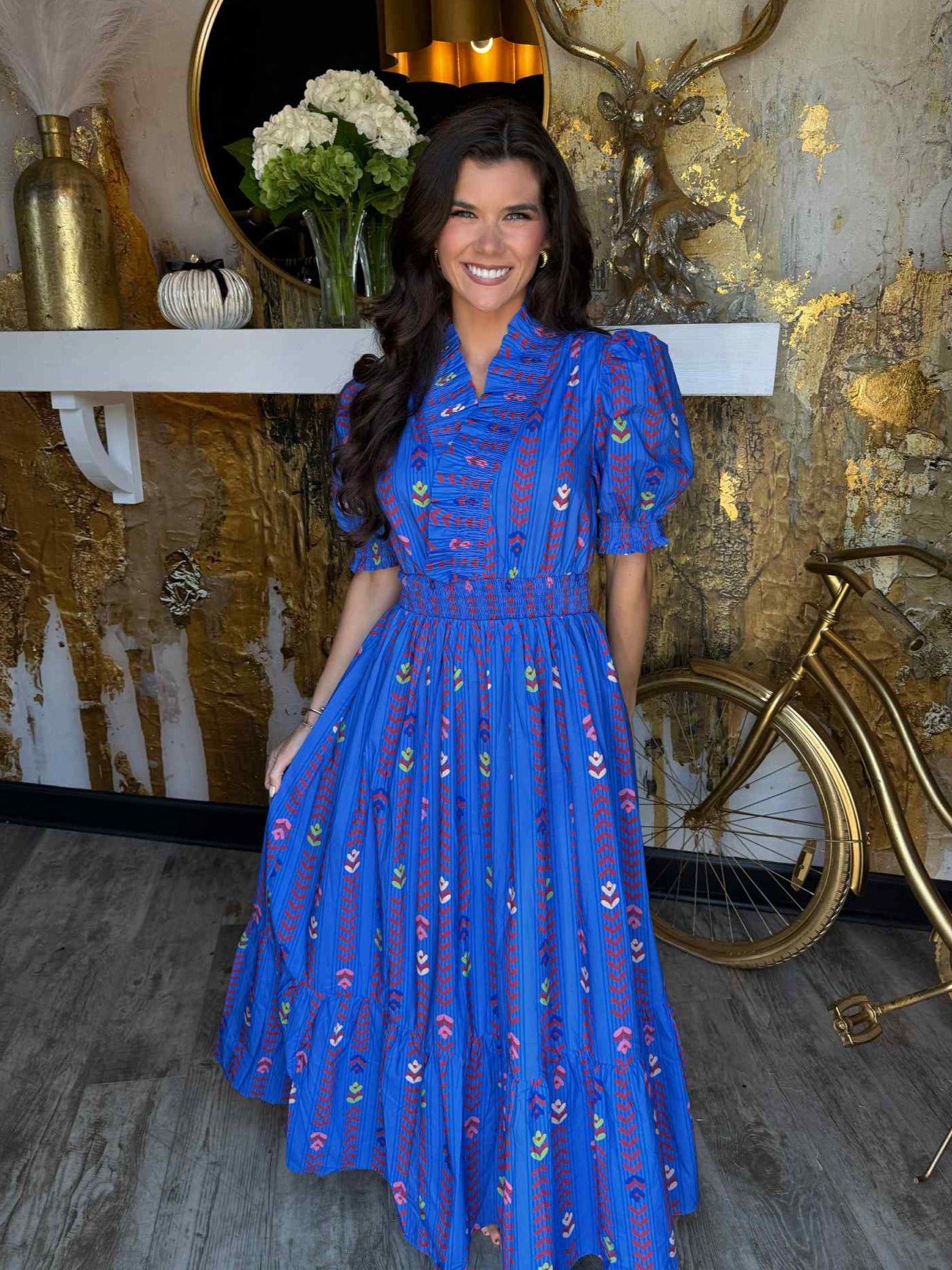 Blue Vibrant Ruffle Smocked Midi Dress