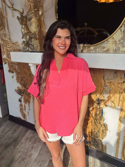 Fushia Woven Airflow Collared V-neck Short Sleeve Top