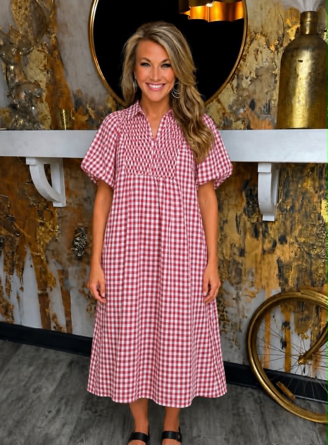 Crimson Puff Sleeve Plaid Midi Dress