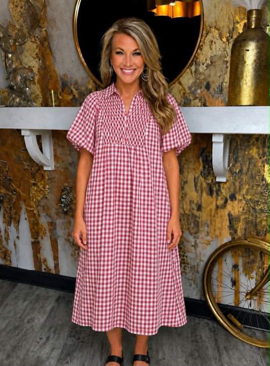 Crimson Puff Sleeve Plaid Midi Dress