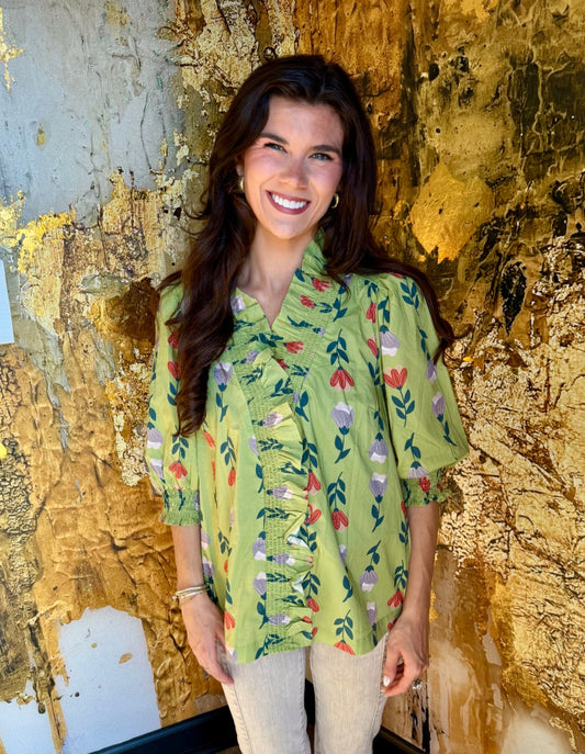 Sage Green Floral Ruffle Trim Puff Sleeve Blouse