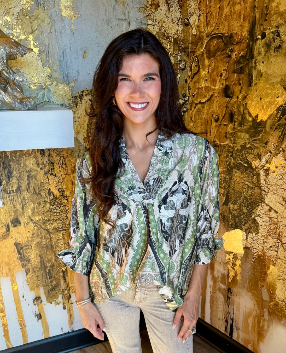Green Mix Abstract Print V-Neck Blouse