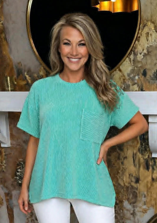 Turquoise Raised Rib Short Sleeve Front Pocket Top