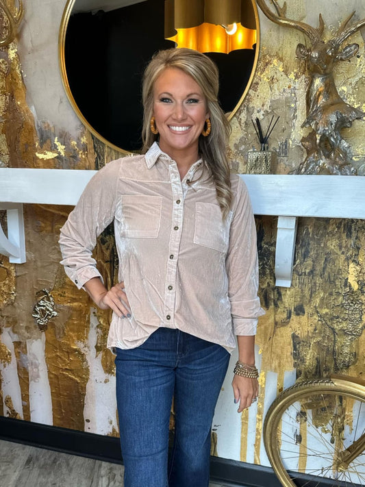 Champagne Almond Long Sleeve Velvet Top
