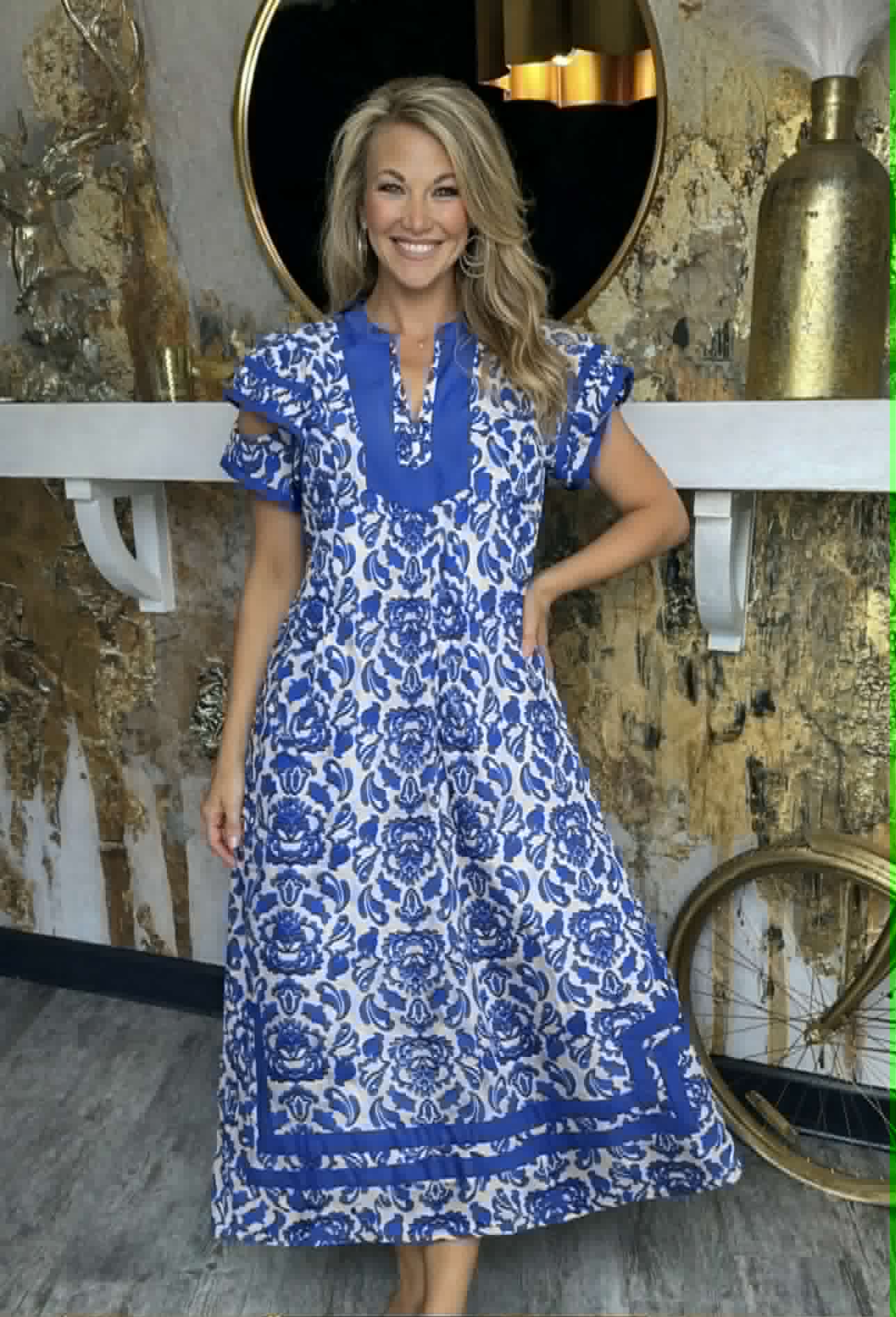 Blue Abstract Two Tone Print Midi Dress