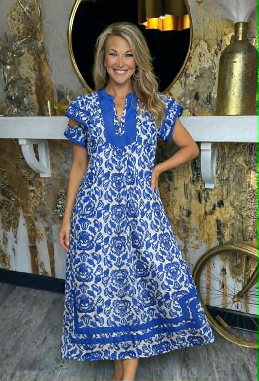 Blue Abstract Two Tone Print Midi Dress