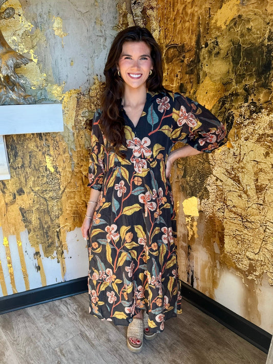 Black Mixed Floral Print Tiered Midi Dress