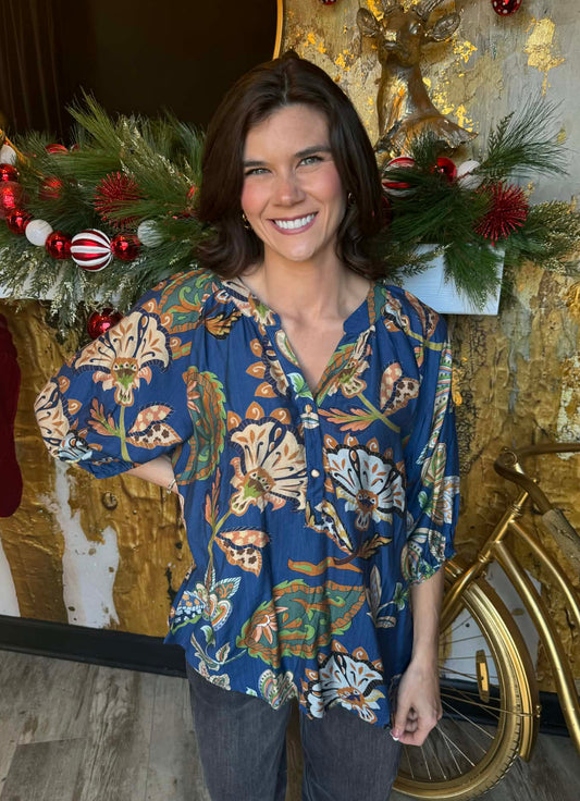 Navy Boho Paisley Puff Sleeve Blouse
