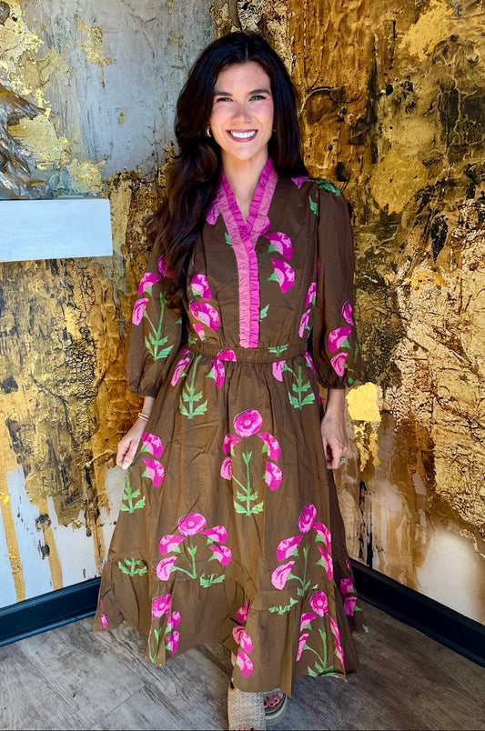 Brown Mix Floral Midi Dress with Ruffle Trim and Elastic Waist