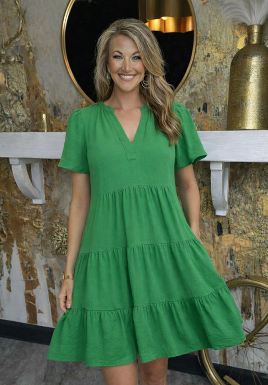 Green Tiered V-Neck Babydoll Dress