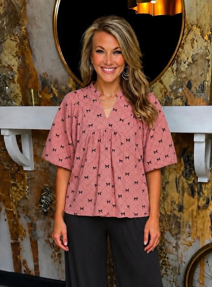 Pink Corduroy Bow Print Top