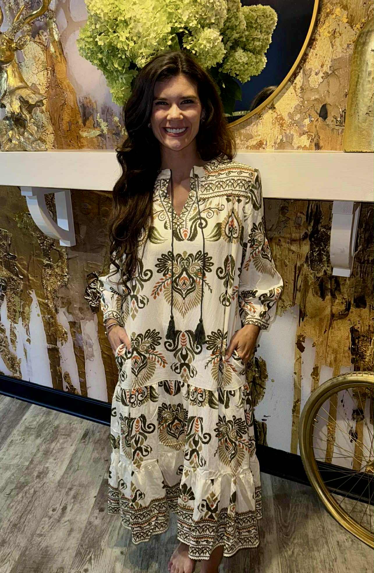 Olive Mix Printed Tiered 3/4 Length Sleeve Midi Dress