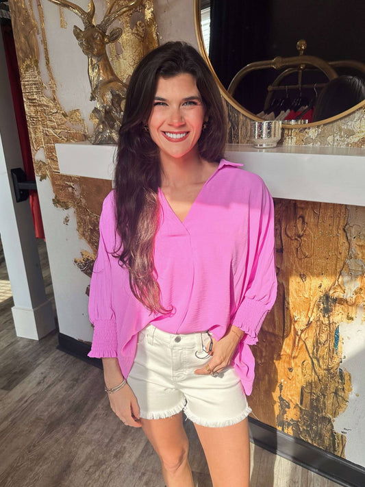 Bright Mauve Airflow Collar Tee With Smocked Sleeve Band Top