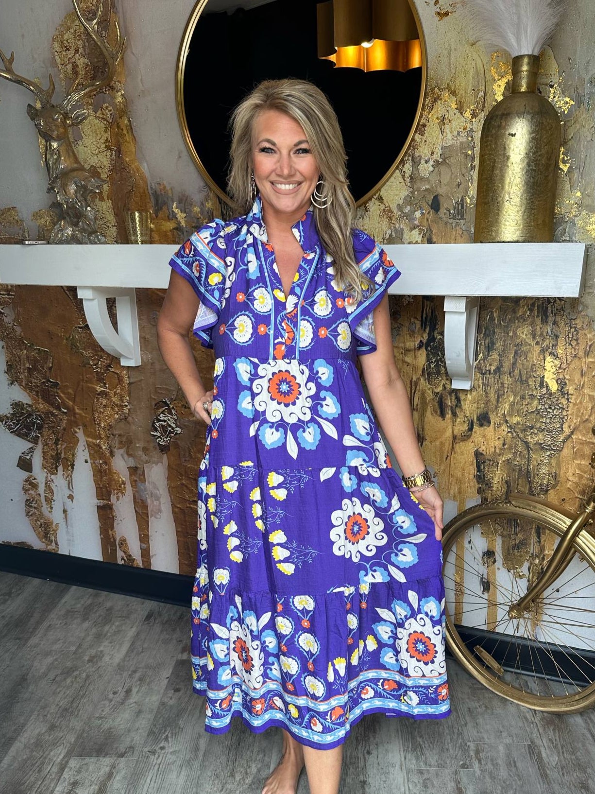 Grape Boho Floral Tiered Midi Dress
