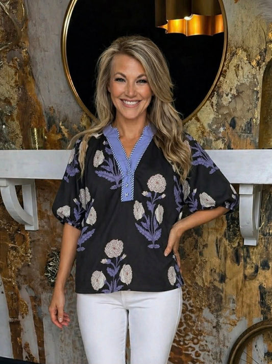 Black and Light Blue Floral Print V-Neck Top