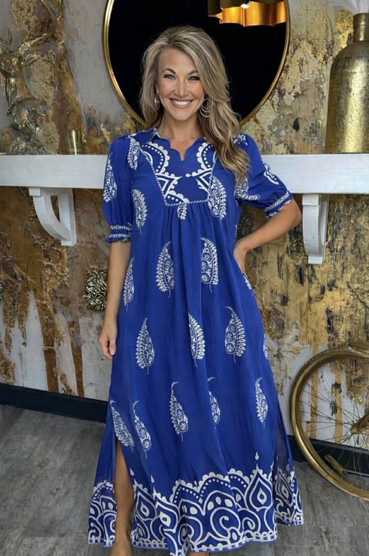 Azure Paisley Mandala Collared Maxi Dress