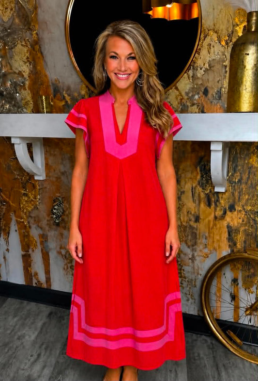 Red Linen Cotton Contrast Neckline Midi Dress