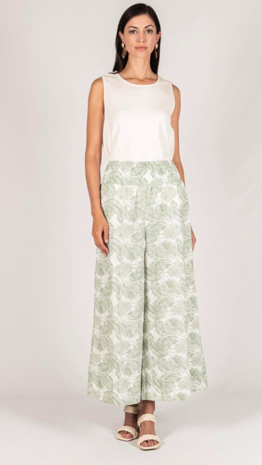 P.Cill Leaf Print Linen Wide Leg Pants