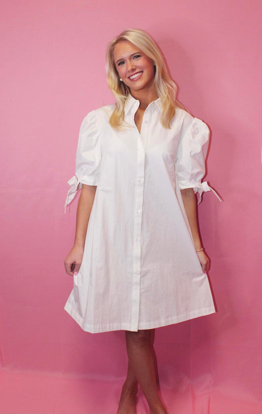 Poplin Ribbon Sleeve Tie Button Up Dress
