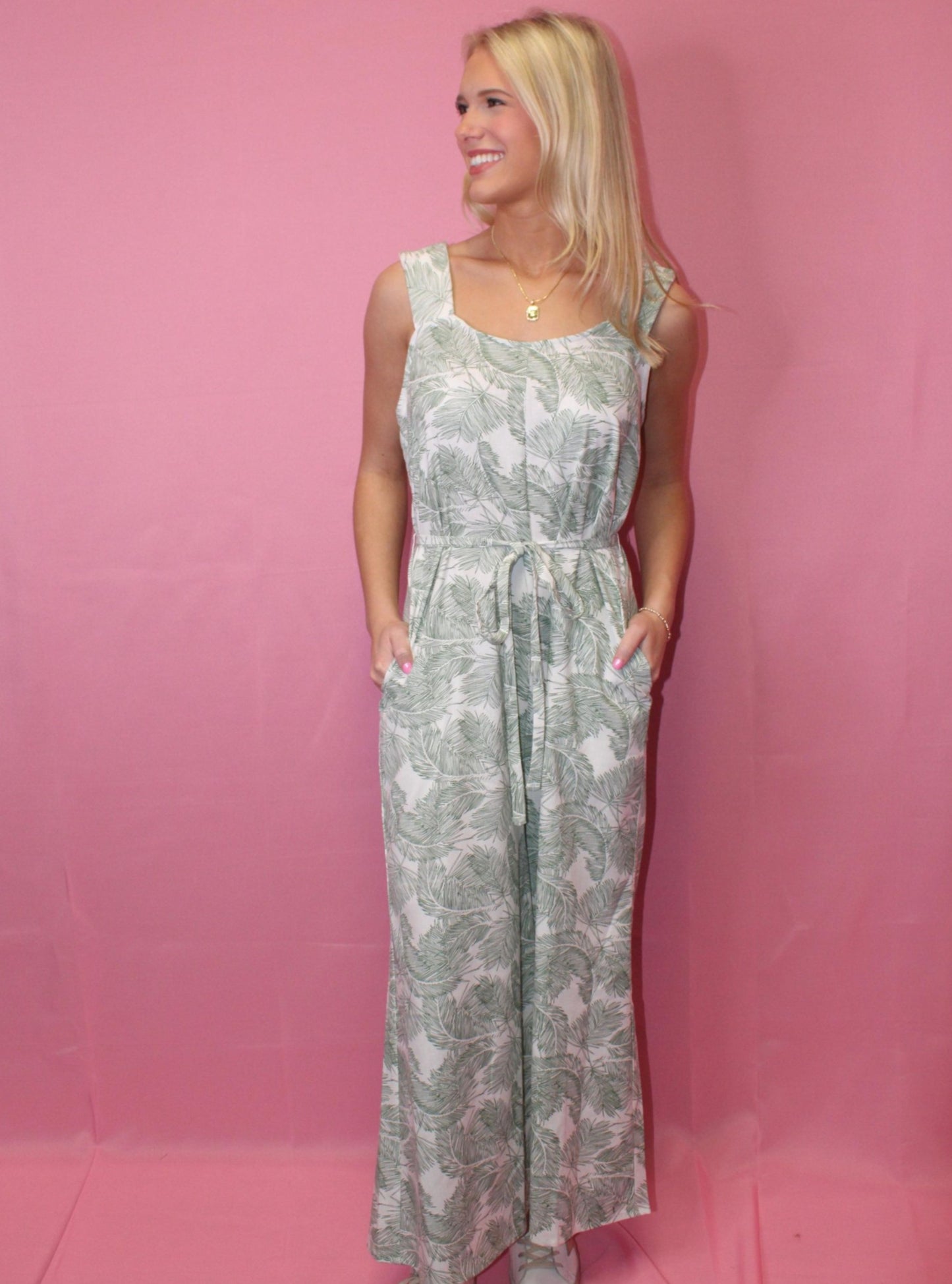 P. CILL Leaf Print Linen Scrunchie Strap Jumpsuit