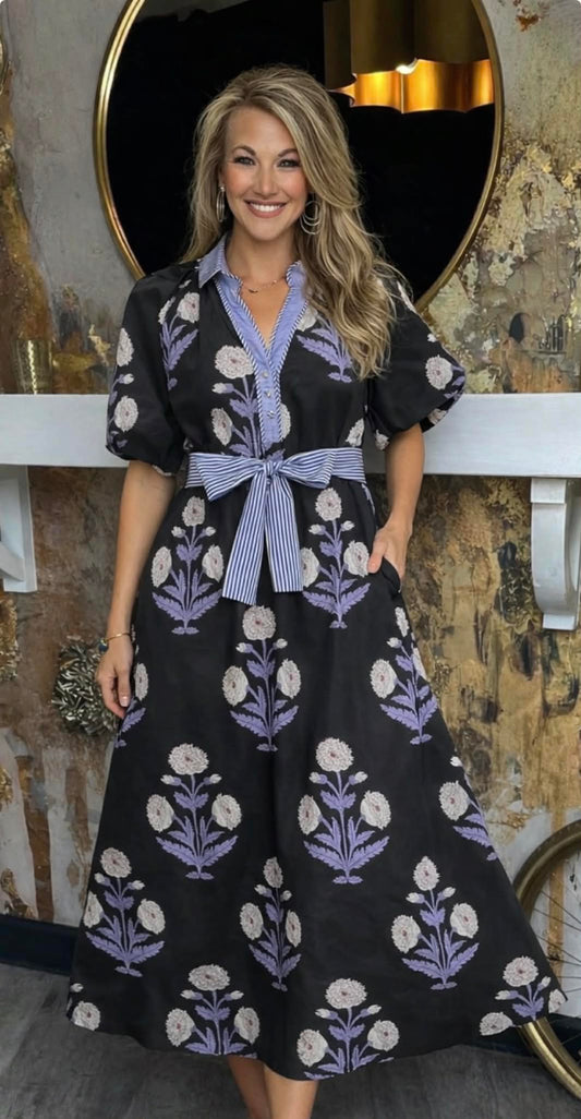 Black/Blue Floral Print V-Neck Maxi Dress